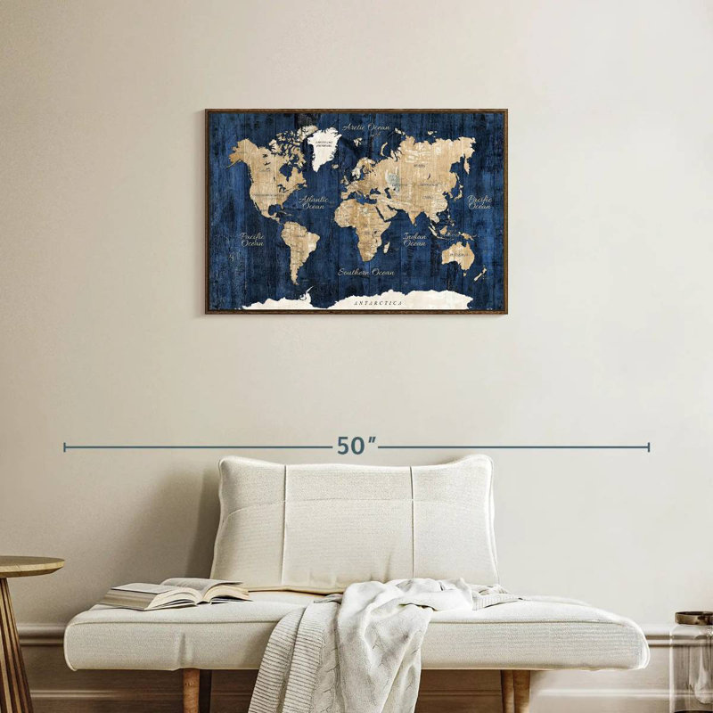 Carte du monde en bois texturé, 31 po x 21 po, Cadre flottant en noyer