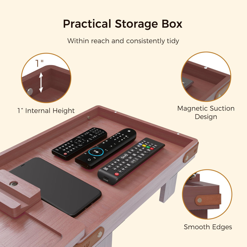 Rose Brown Sofa Armrest Tray With Storage Box, Bamboo Couch Arm Table With 360° Rotating Tabletop And Phone Stand, Adjustable Sofa Arm Clip Table