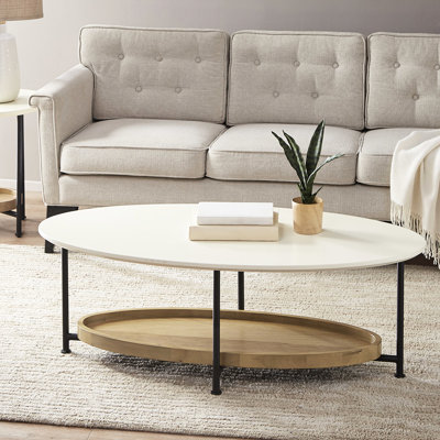 Table basse moderne ovale moderne avec plateau blanc et tablette naturelle