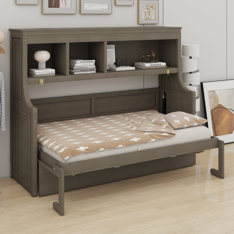 Lit escamotable avec bureau et tablettes de rangement, Gris