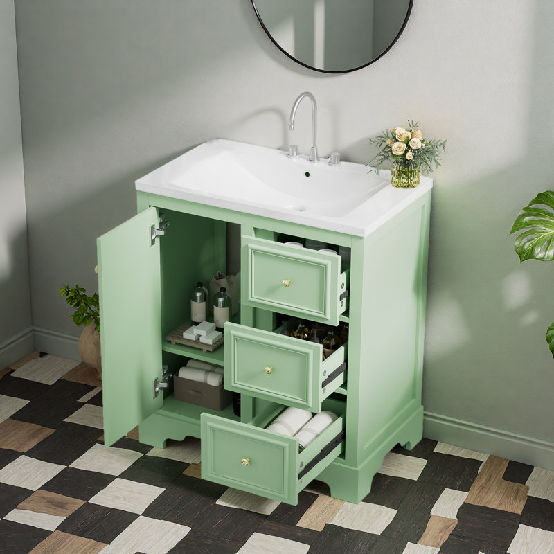 Armoire de meuble-lavabo 30 po avec lavabo en céramique, Vert/doré