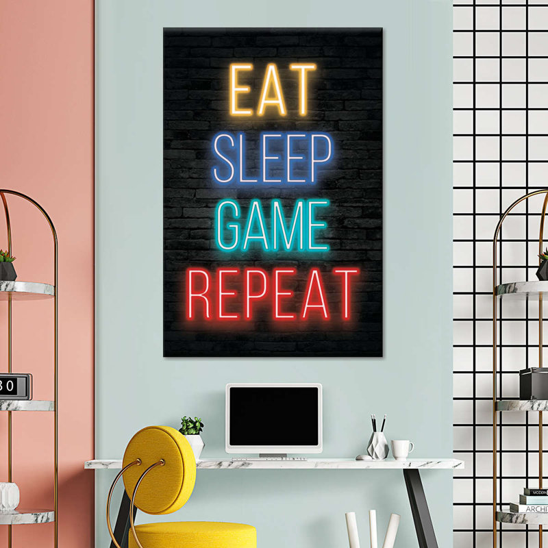 Neon Eat Sleep Game Répétition sur toile, H 48 po x l 32 po x P 1,25 po