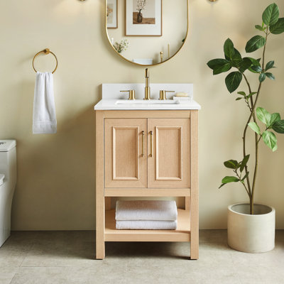 Meuble-lavabo de salle de bain avec plateau en marbre d'ingénierie, armoire de rangement à 2 portes, conception de robinet à 3 trous, style Shaker classique, assemblage facile (24 po / 30 po)