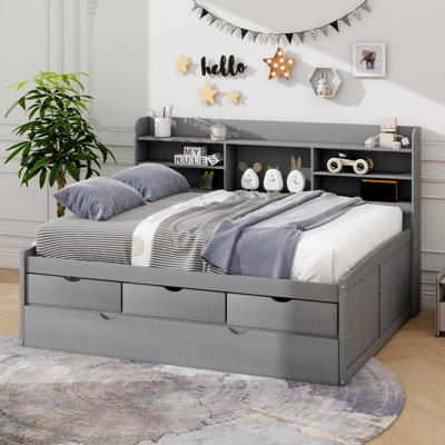 Wooden Captain Bed With Built-In Bookshelves,Three Storage Drawers And Trundle