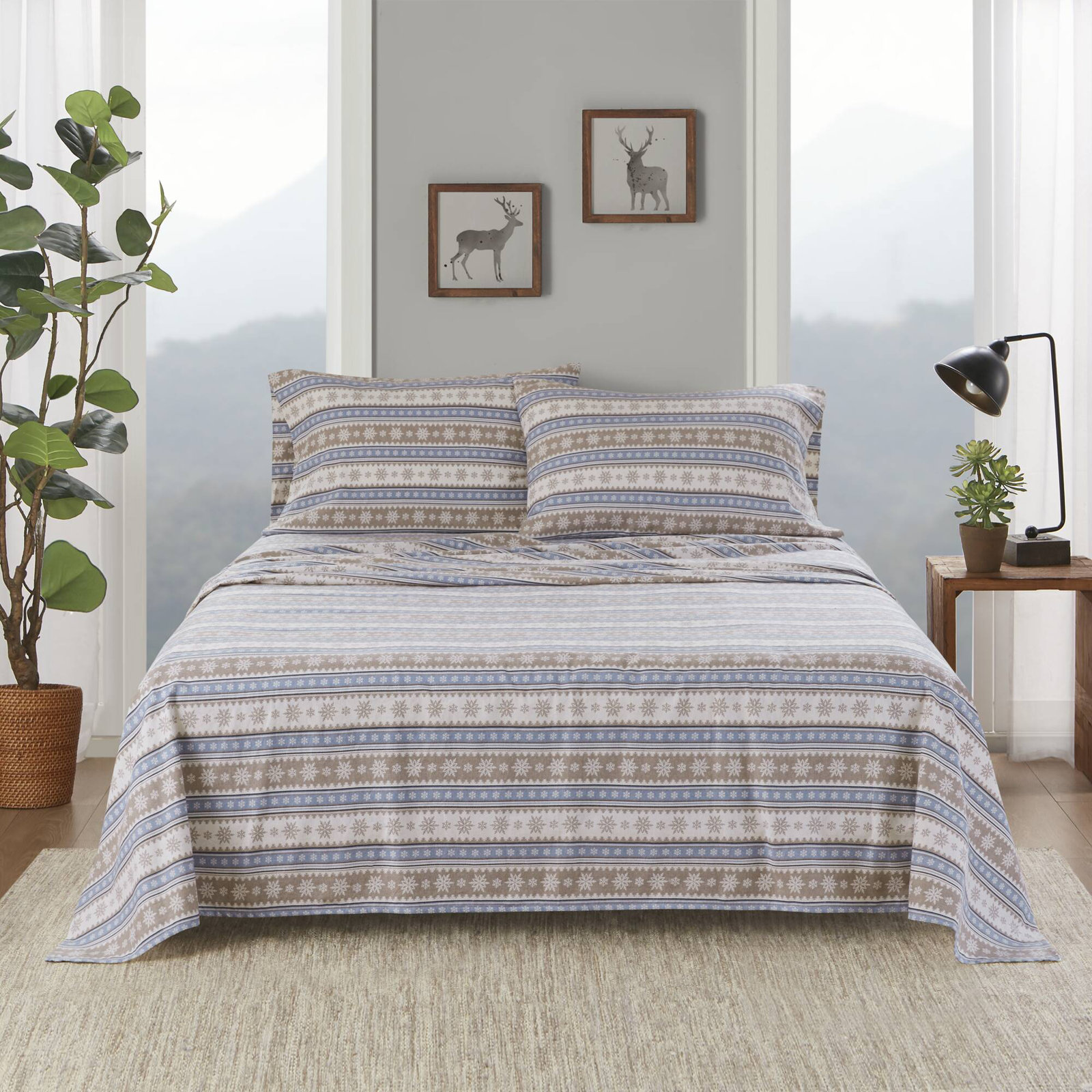 Woolrich 100% Cotton Flannel Sheet Set, Twin Sheet Set with 1 Pillowcase, Blue Snowflake