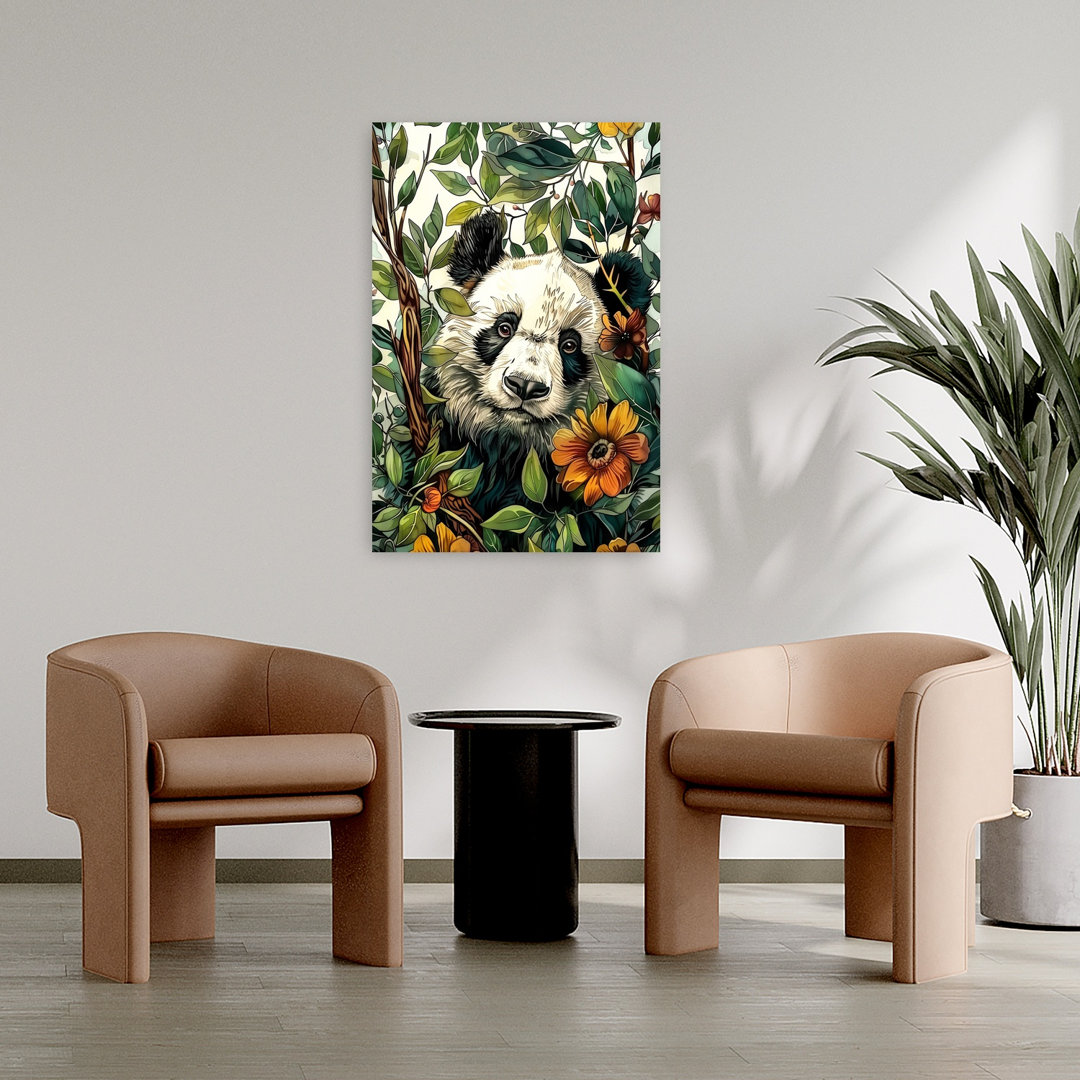 Peeking Panda Among Leaves Abstract Contemporary Panda Flower Forest Wall Art Print