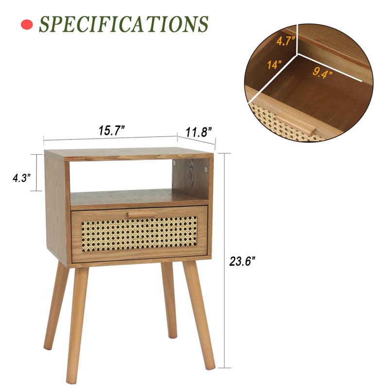 Mid Century Modern Nightstand - Small Bedside Table With Rattan Drawer - Wood End Table With Open Shelf For Small Spaces