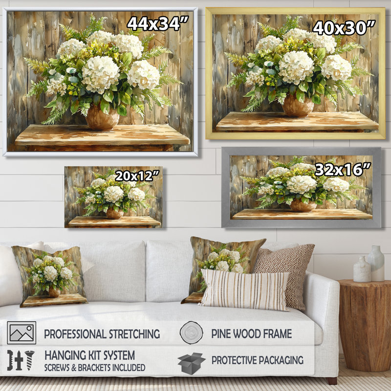 Bouquet d'hortensias «Barnyard Beauty» - hydrangées, décoration murale, H 12 po x l 20 po, Cadre flottant, Brun
