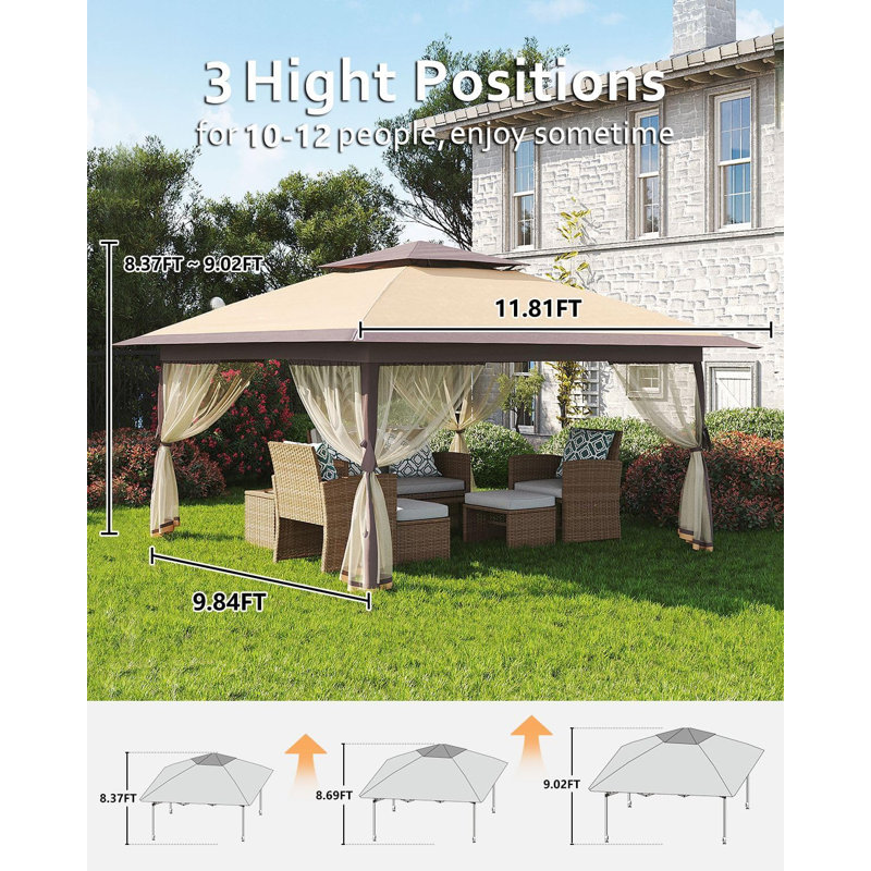 12' X12' Pop Up Gazebo, Canopy Tent With Mosquito Netting, One Push Setup, Tan