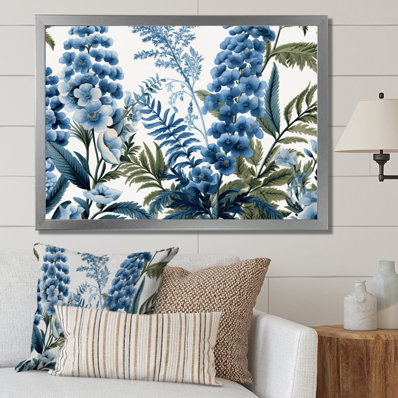 Fleurs de fougère bleues et vertes sur toile, H 24 po x l 32 po x P 1 po, Cadre photo argenté