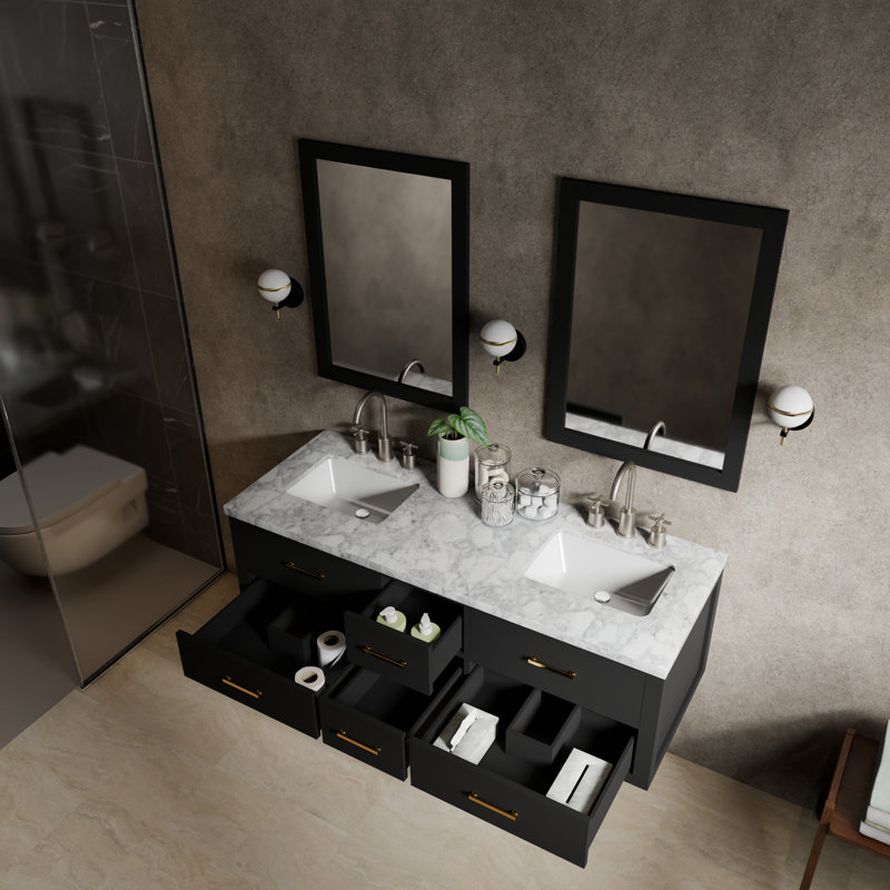 60" Wall-Mounted Double Bathroom Vanity Set, White Carrara Marble, Black