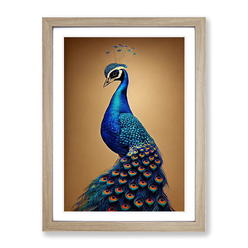 Entrancing Peacock - Single Picture Frame Print, 34cm H x 25cm W x 2cm D, Oak