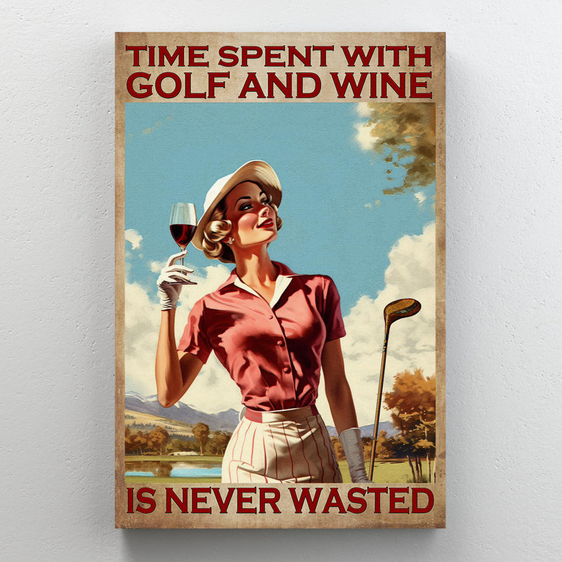 Une dame jouant au golf - temps passé avec une toile de golf et de vin sur toile tendue - décor de sport, décoration de salon vert