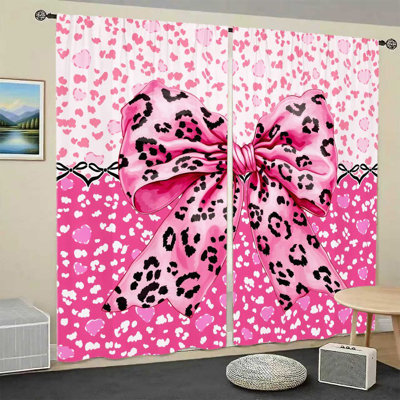 2Pcs Pink Leopard Bow Curtains, Cute Girly Style, Kawaii Decor, Light Filtering, Privacy Protection, Rod Pocket Design, for Girls Room, Teen Bedroom, Nursery, Home