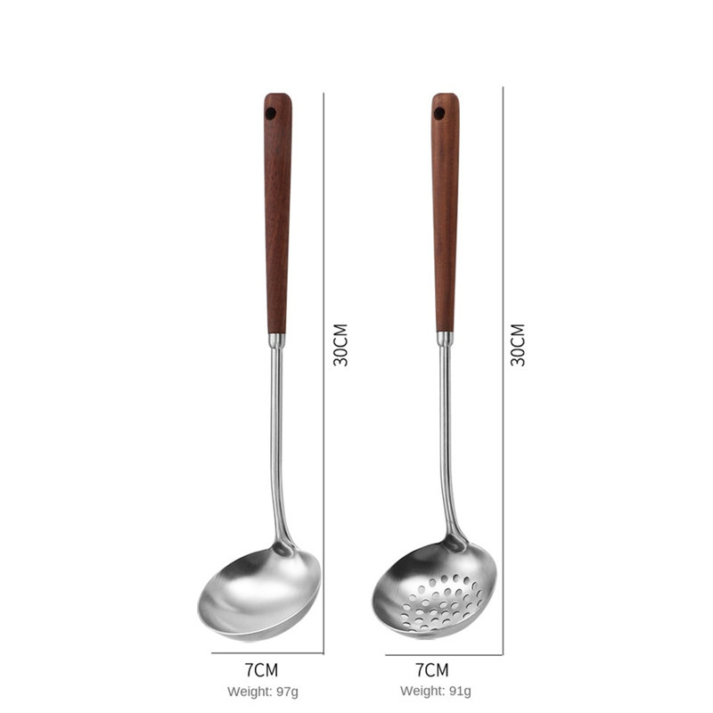 5PCS Stainless Steel Cooking Utensils Set - Soup Ladle, Slotted Turner With Walnut Wood Handle