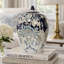Pot à gingembre botanique avec couvercle, motifs floraux bleu blanc, 11 pouces