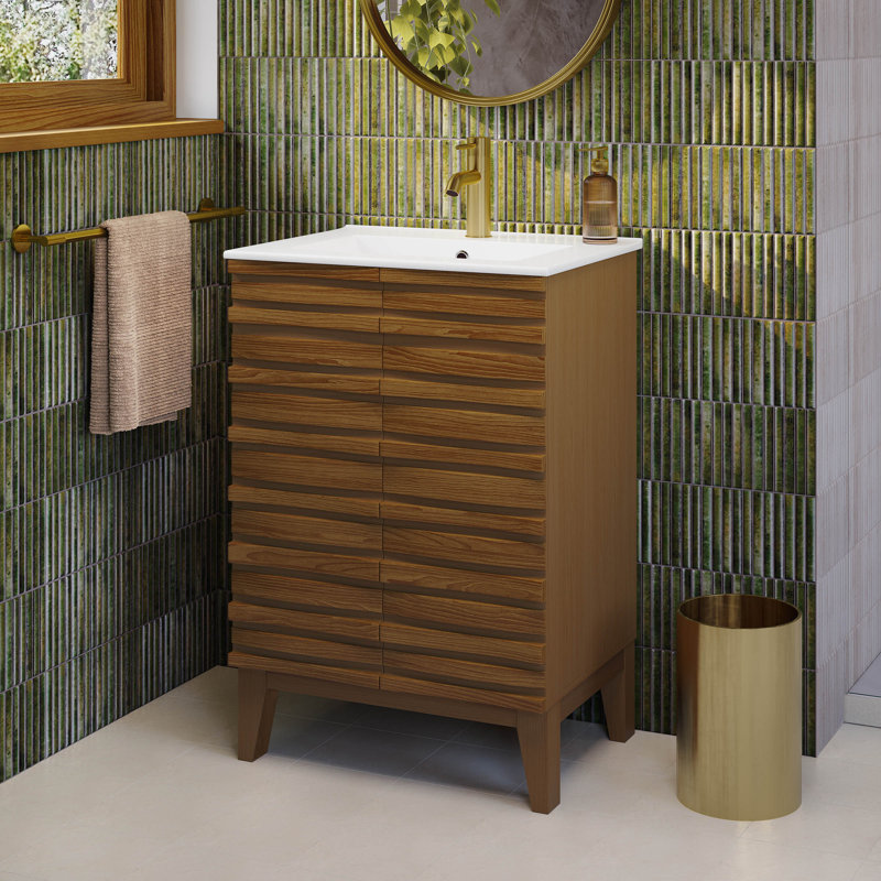 Meuble-lavabo autoportant Cascade 24 po en chêne brun avec plateau en céramique blanc résistant aux égratignures, Brun