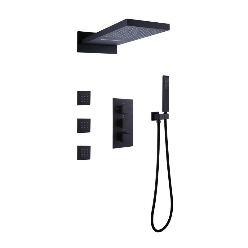 Thermostatic 4-Function Solid Brass Shower System with High Pressure 3 Body Jets and Rough-in Valve, Matte Black