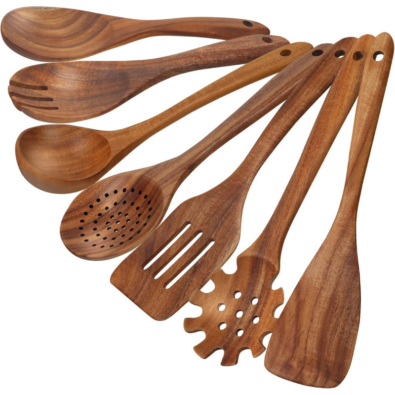 Ensemble d'ustensiles de cuisine en bois de teck 7 pièces avec spatule et louche, ustensiles de cuisine résistants à la chaleur pour casseroles antiadhésives, écologiques et durables
