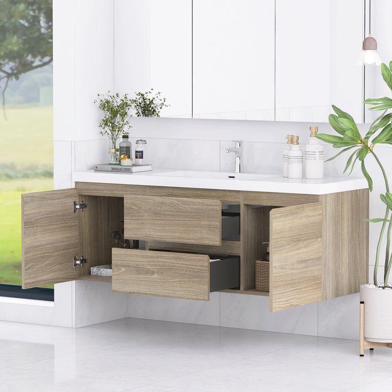 Meuble-lavabo mural 60 po avec lavabo en pierre simple intégré, 2 tiroirs, 2 armoires, Gris cendre