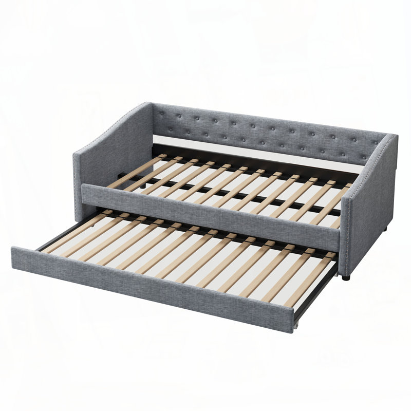 Upholstered Tufted Daybed with Trundle, Twin, Light Gray