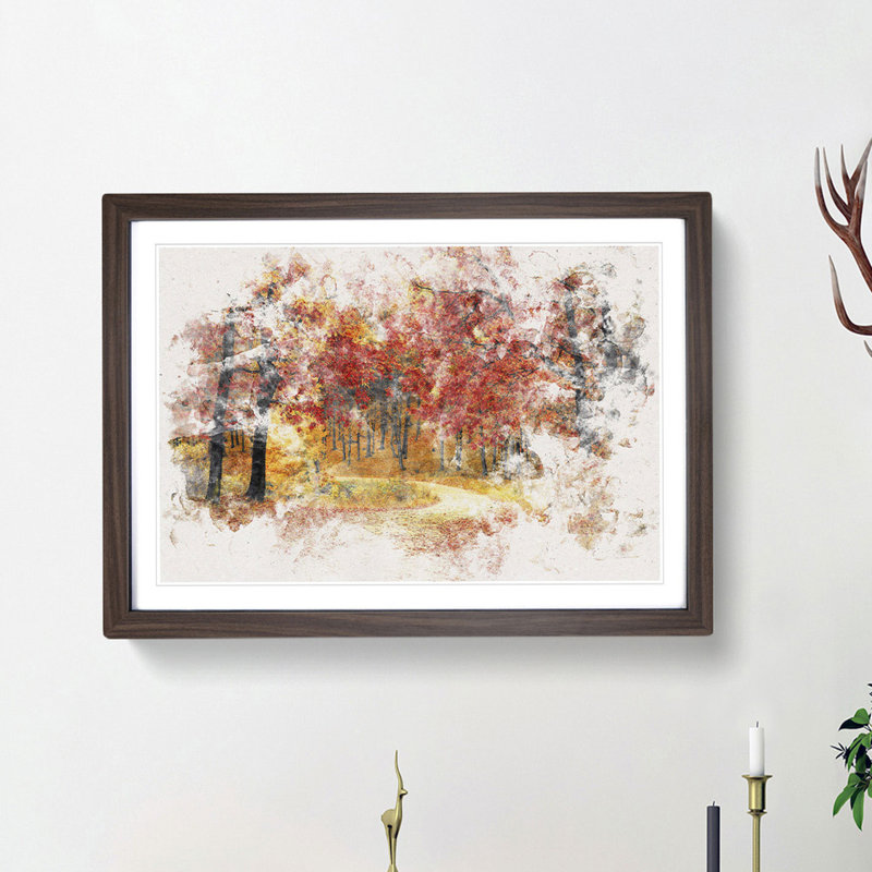 Path Through the Forest at Autumn - Picture Frame Painting Print, 45cm H x 63cm W x 2cm D, Walnut Framed