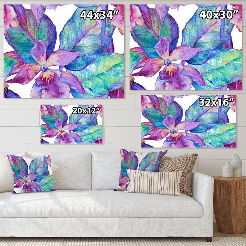 Turquoise et orchidée mauve - peinture sur toile, Toile tendue, H 24 po x l 32 po