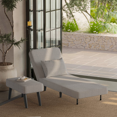 Chaise longue 3 en 1 pliable en lin avec dossier réglable, repose-pieds et coussin amovible, fauteuil convertible, fauteuil d'appoint, canapé-lit pour petit salon, chambre à coucher et bureau, beige