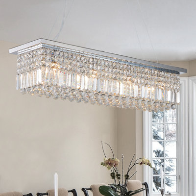 Lustre moderne en cristal pour salle à manger Luminaire suspendu rectangulaire blanc en forme de goutte d'eau rectangulaire de 8 lumières pour îlot de cuisine L 39,4 po x l 9,8 po x H 8,7 po (ampoule non incluse)