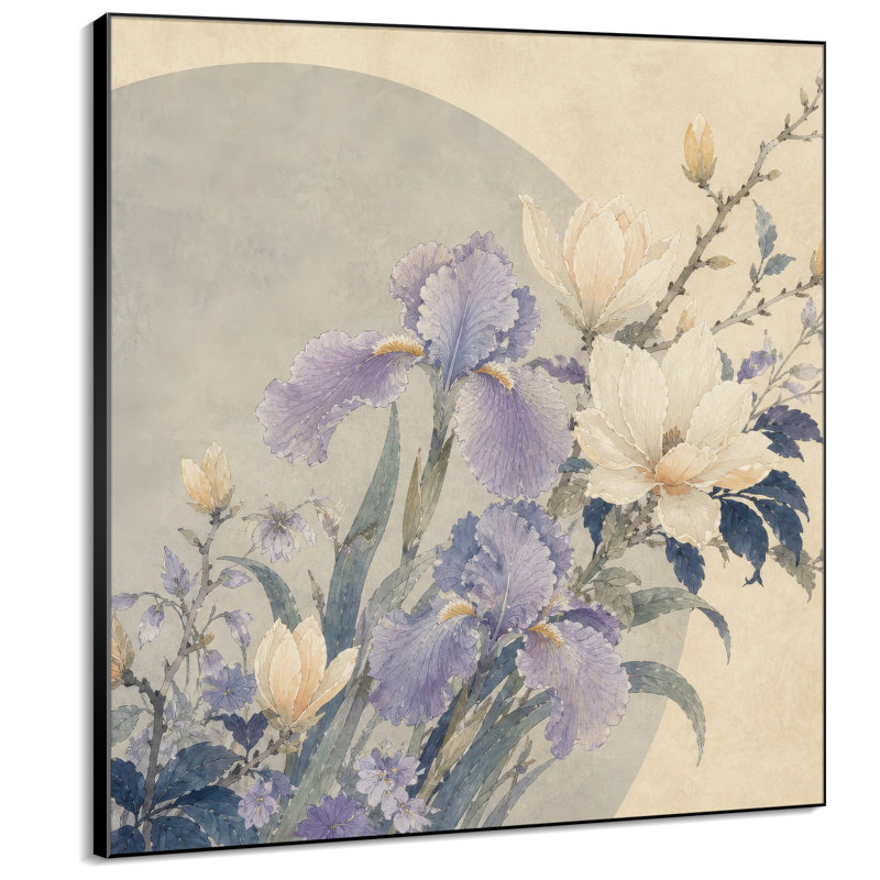 Très grand art mural imprimé sur toile - Iris délicat et fleurs de magnolia, art mural botanique pour le salon ou la chambre à coucher - «Assemblage requis du cadre (cadre non fini)»