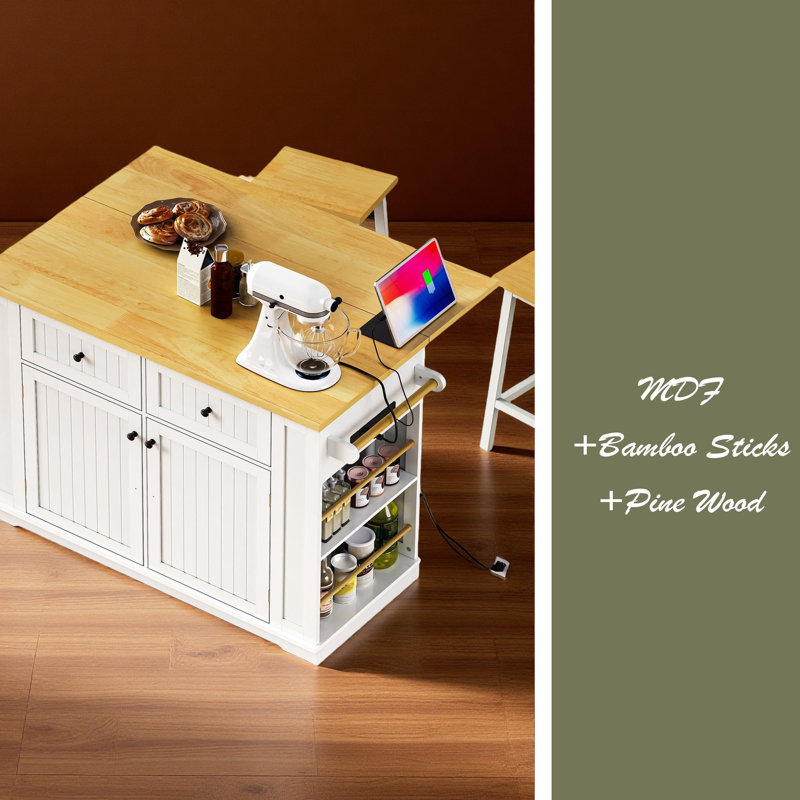 48Inch Large Kitchen Island With 2 Bar Stools, Power Outlet, Door Internal Storage Rack, White