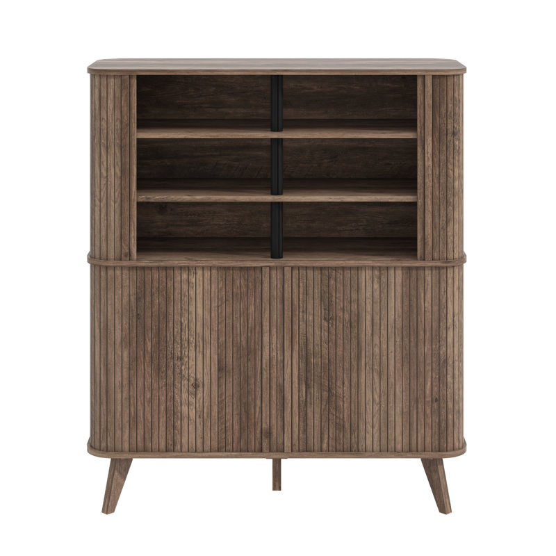 Aurel Mid-Century 24-Pair Shoe Cabinet with Fluted Sliding Doors, Dark Brown Wood