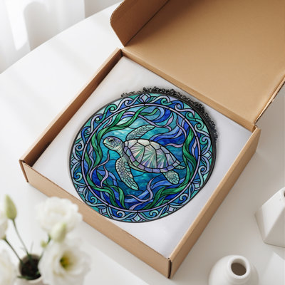 Sea Turtle Stained Glass Window Panel，7.8H