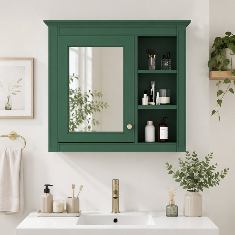 Armoire à pharmacie murale moderne pour salle de bain avec miroir et 3 tablettes ouvertes (meuble-lavabo non inclus)., Vert