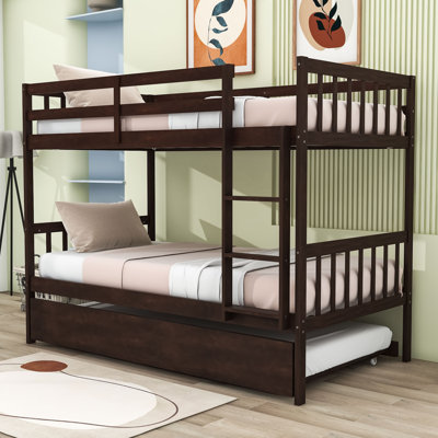 Hulbard Twin Over Twin Convertible Wooden Bunk Bed With Twin Trundle And Safety Guardrails