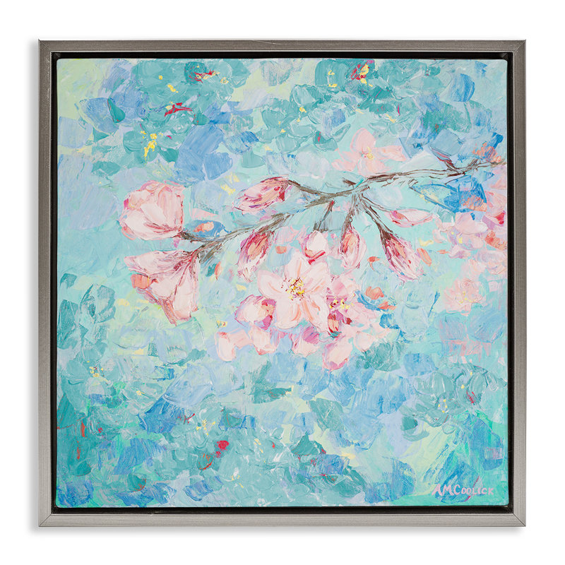 «Cherry Blossoms on Blue Brown» par Ann Marie Coolick, Cadre flottant gris lustré, H 18 po x l 18 po