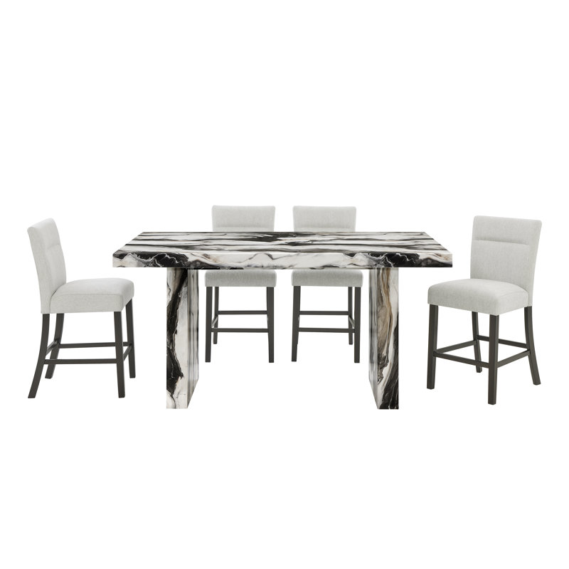 Roundhill Furniture Cavira 5-Piece Modern Faux Marble Dining Set, Counter Height Table With 4 Upholstered Chairs