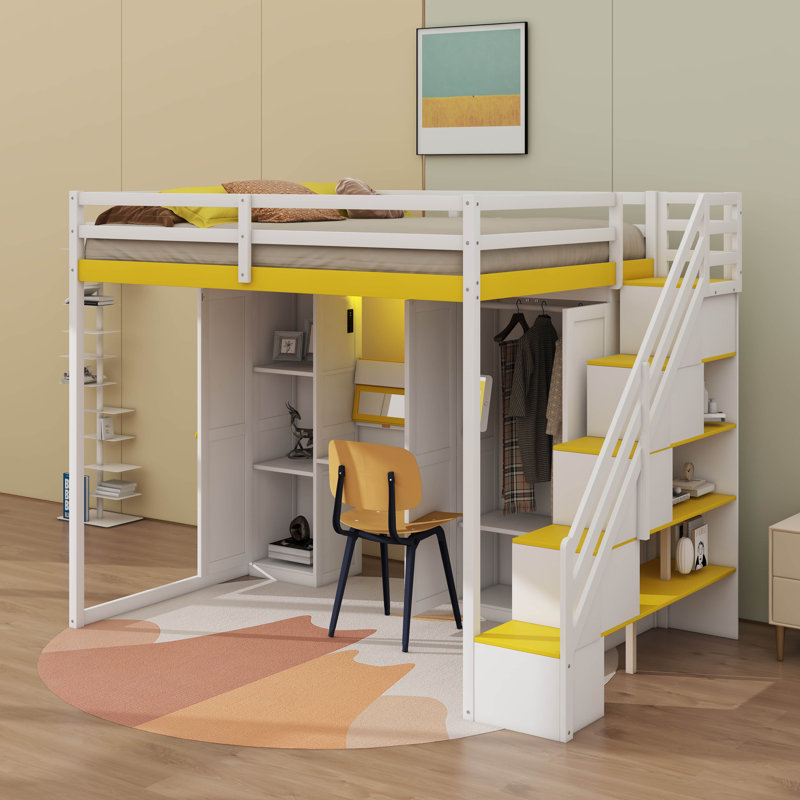 Lit mezzanine avec escalier de rangement, coiffeuse intégrée et garde-robe et armoires, lit mezzanine moderne avec miroir, charge USB et lumières