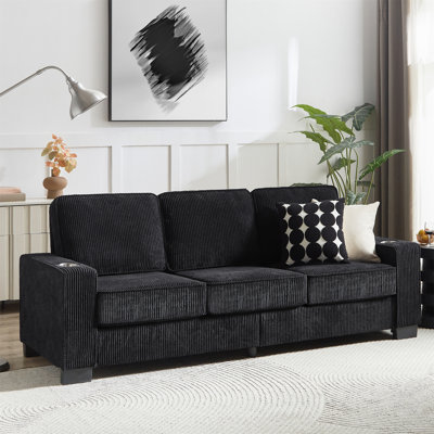 Corduroy Fabric 3-Seater Sofa, Modern Compressed Couch For Living Room, Bedroom, And Office, Black