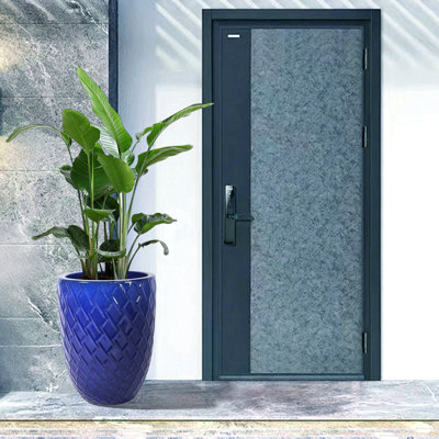 Handmade Ceramic Planter Pot, 17 Inch Diameter, 1 Piece, Navy Blue With Diamond Pattern, For Monstera Deliciosa And Fiddle Leaf Fig, Indoor/Outdoor Doorway Use, Breathable Clay