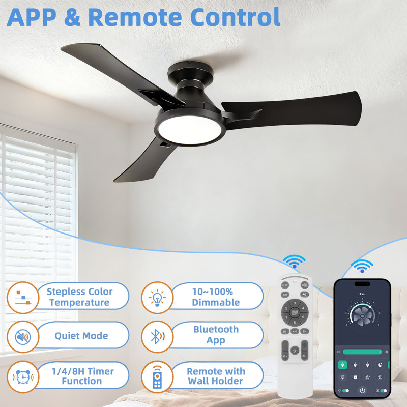 42 In. Black 3 Plywood Blades Flush Mount Standard Ceiling Fan With Full Spectrum Led Light And Remote