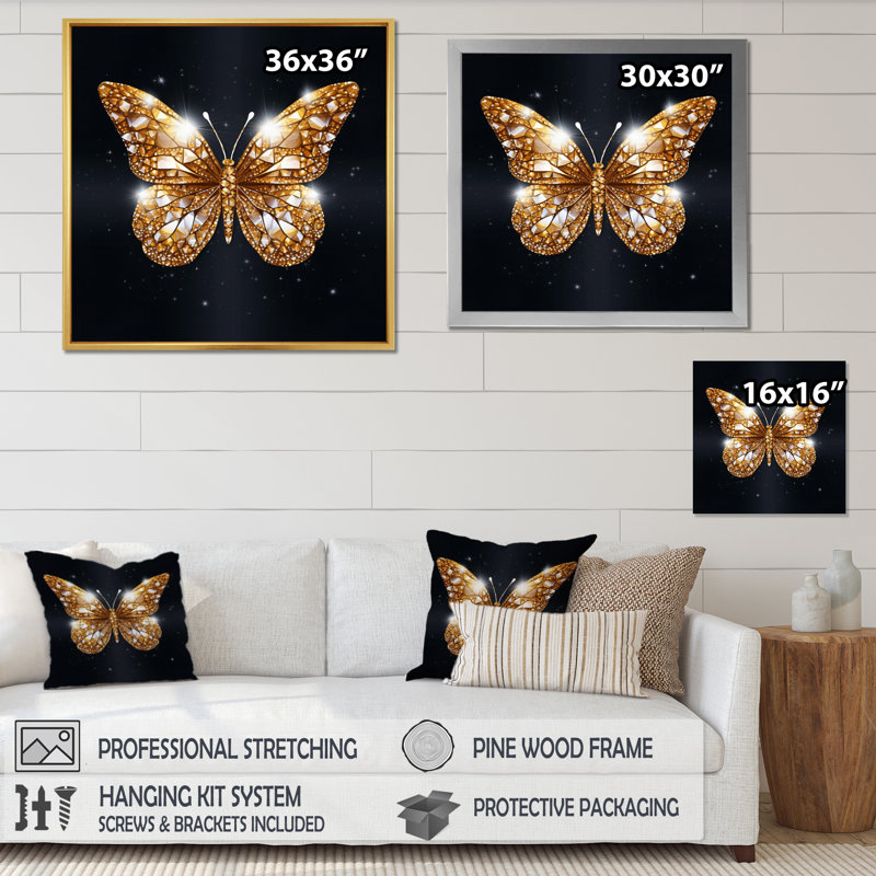 «Black and Gold Diamonds Butterly III» sur impression sur toile, H 24 po x l 24 po x P 1 po, Toile tendue