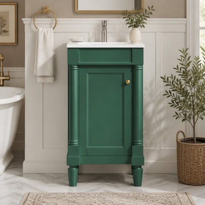Meuble-lavabo de style français de 45,7 cm (18 po) avec lavabo en céramique, design à colonnes semi-circulaires, charnières à fermeture douce, tablette réglable et panneau arrière ouvert.