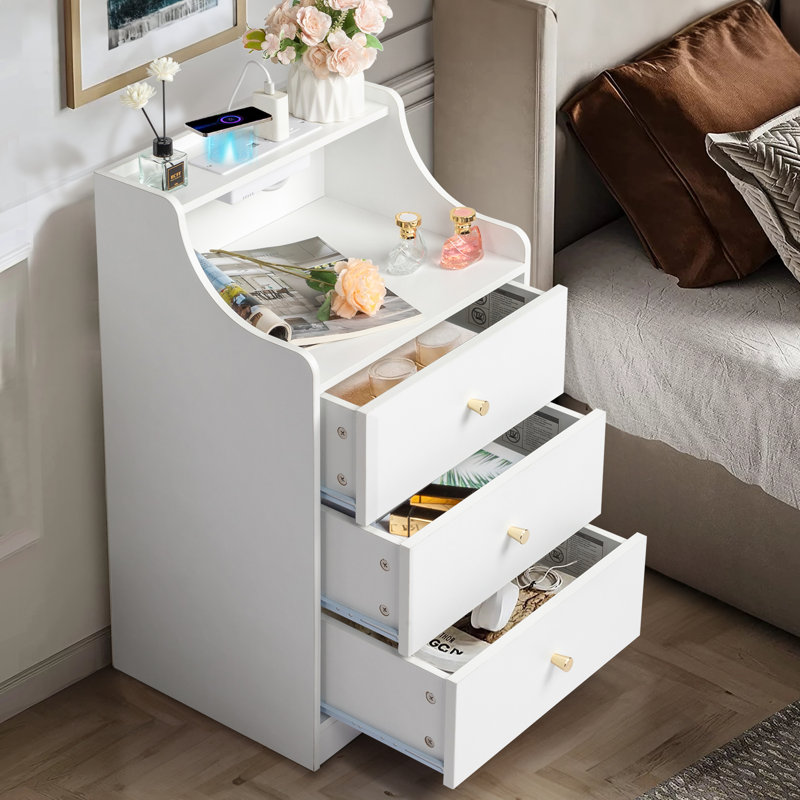 Table de chevet 3 tiroirs avec port USB, Blanc / Naturel