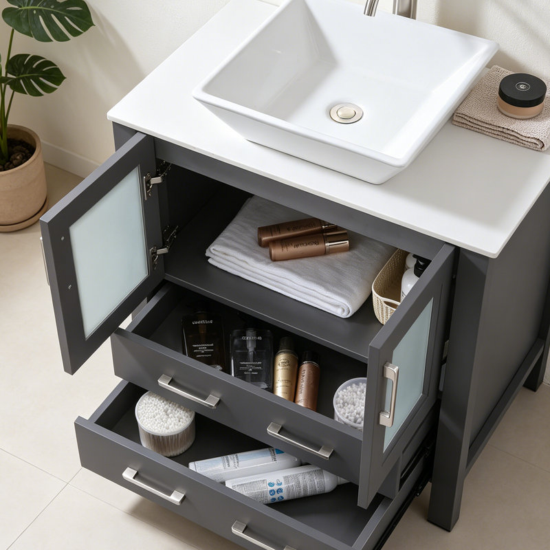 Meuble-lavabo autoportant moderne 30 po gris avec vasque en céramique blanche