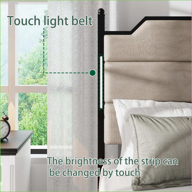 Base de lit plateforme en bois pour grand lit avec tête de lit tapissier, station de charge et amp; Lumières DEL, aucun sommier tapissier requis, brun industriel
