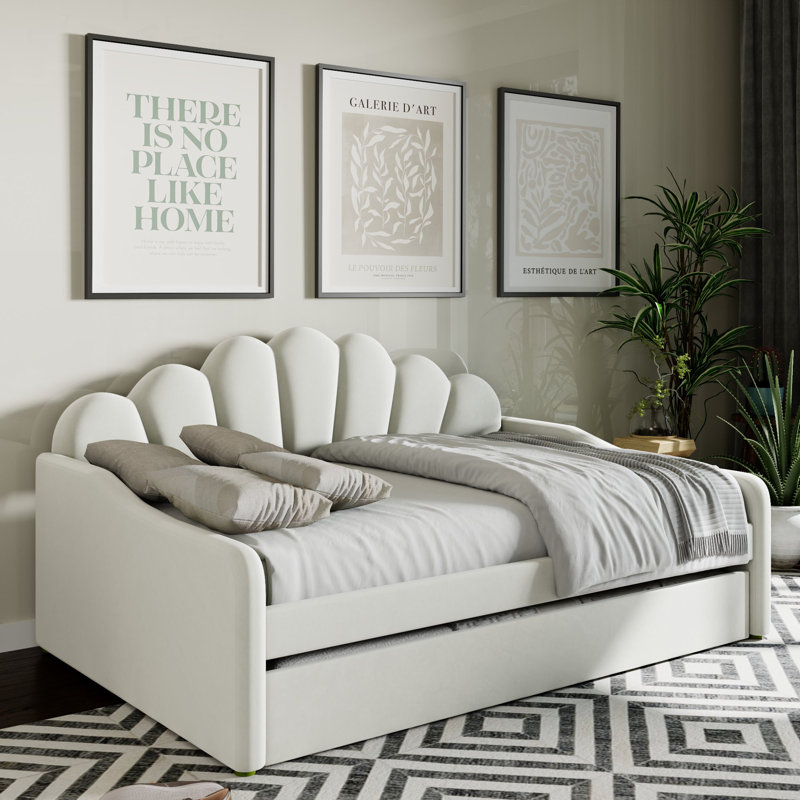 Kaleab Upholstered Full Daybed, Curved Arms Shalle, Shaped Backrest, Sofa, Guest Bed, Beige