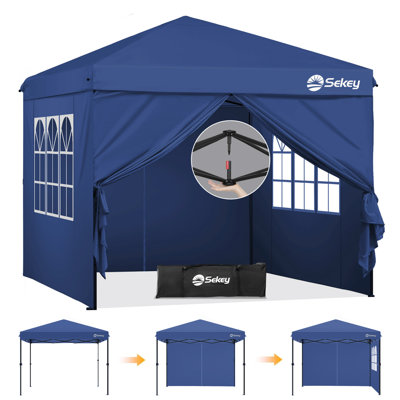 Tente à auvent escamotable 10 x 10 pi Sekey, installation instantanée en un clic, pavillon de jardin robuste et imperméable avec 4 parois latérales, hauteur réglable pour le camping et la cour arrière, bleu marine