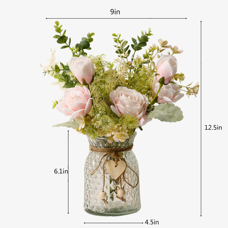 Fake Flowers With Vase, Artificial Flowers Silk Roses Flower Bouquet In Vase, Faux Flower Arrangements,Farmhouse Table Decor,Table Decorations For Living Room,Coffee Table Decor