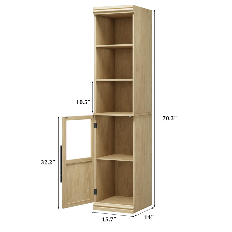 70" Tall Narrow Storage Cabinet with Glass Door & Open Shelves | Slim Linen Tower with Adjustable Shelves for Bathroom, Kitchen & Entryway